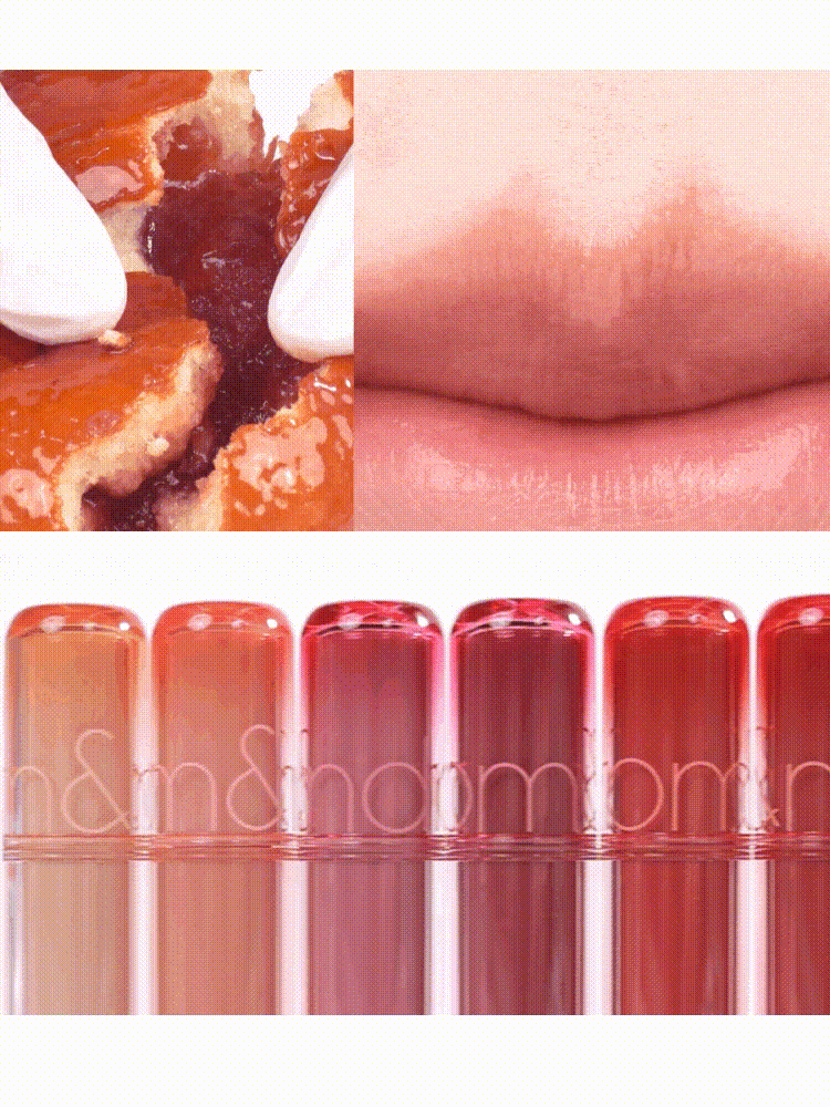 rom&nd The juicy lasting tint Mini 1g colors showcased with close-up of glossy lips and product application.