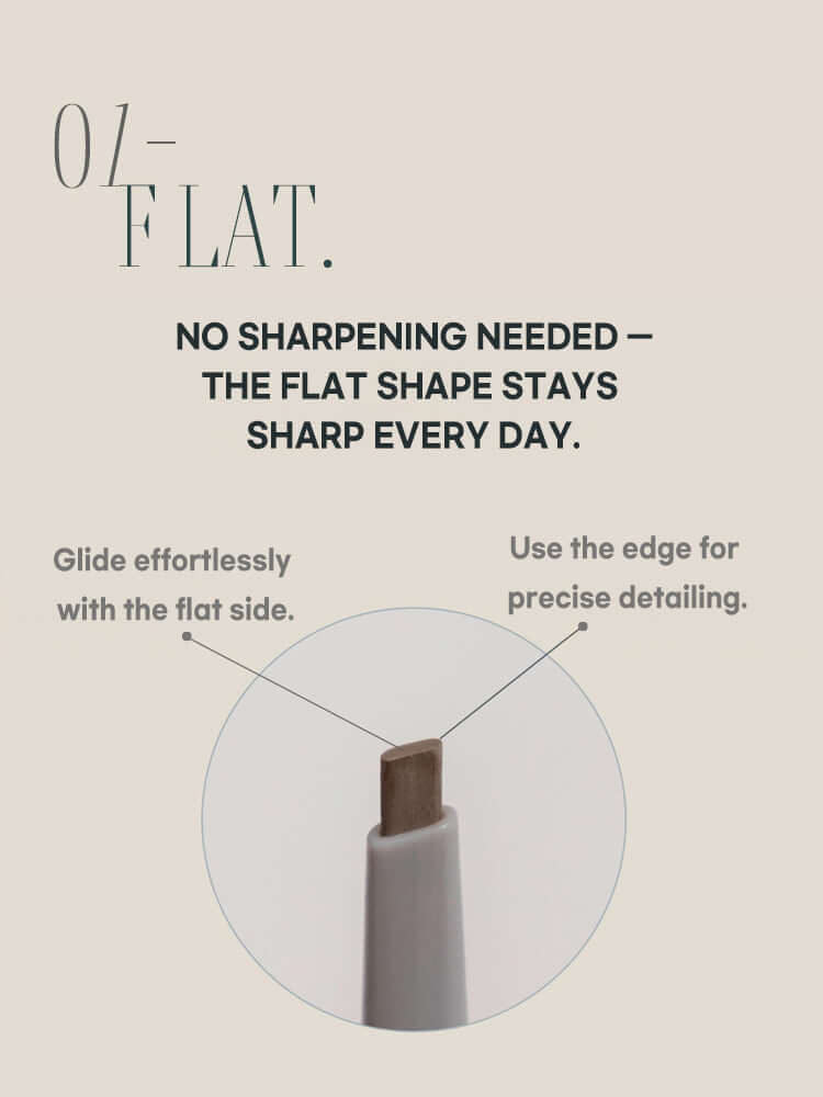 rom&nd Han All Flat / Sharp Brow flat tip pencil showing no sharpening needed for effortless application.
