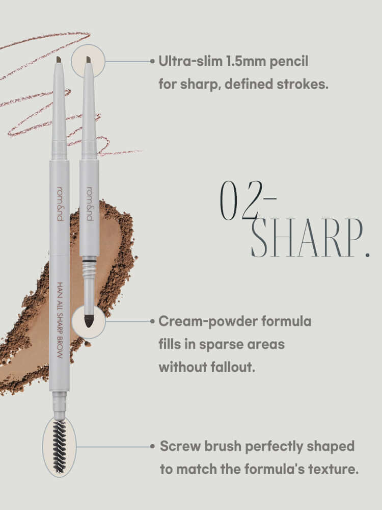 rom&nd Han All Flat / Sharp Brow features ultra-slim pencil and cream-powder formula for defined brows.