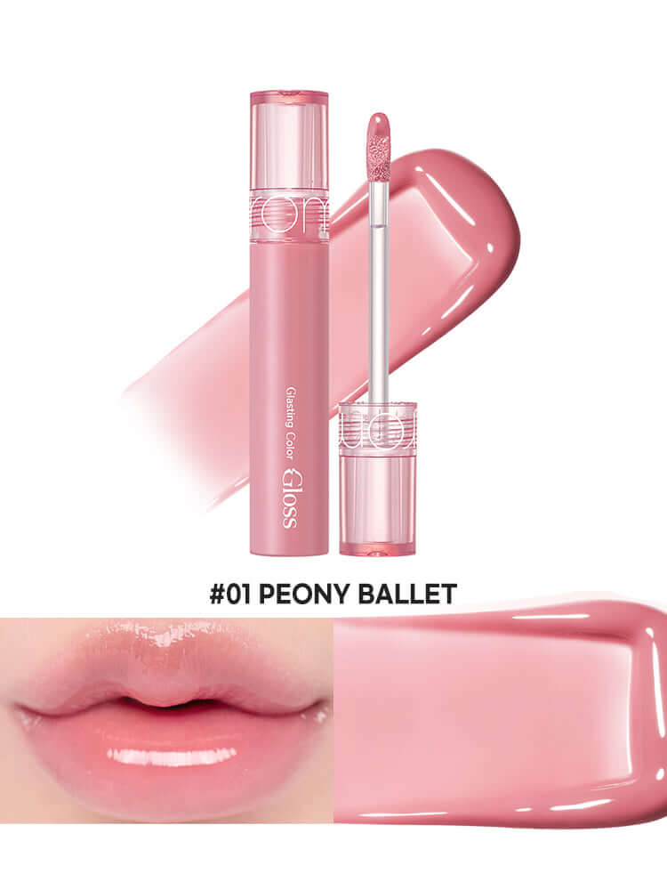 rom&nd Glasting Color Gloss 4g in shade #01 Peony Ballet with its applicator and swatch on lips.