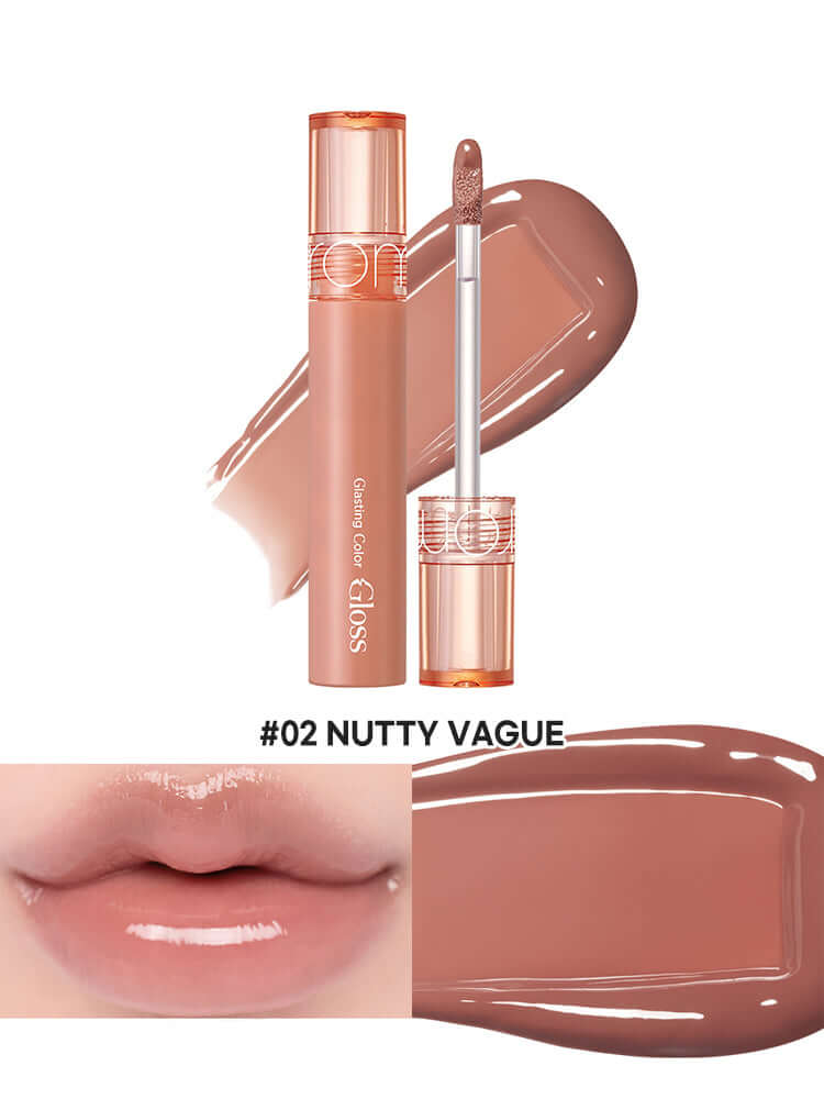 rom&nd Glasting Color Gloss 4g in shade #02 Nutty Vague, showcasing a luscious lip gloss with a smooth application.
