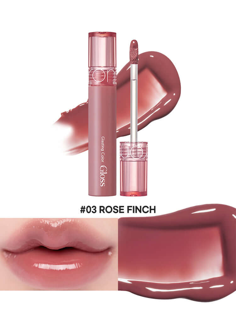 rom&nd Glasting Color Gloss 4g in shade #03 Rose Finch, showcasing creamy texture and rich color.