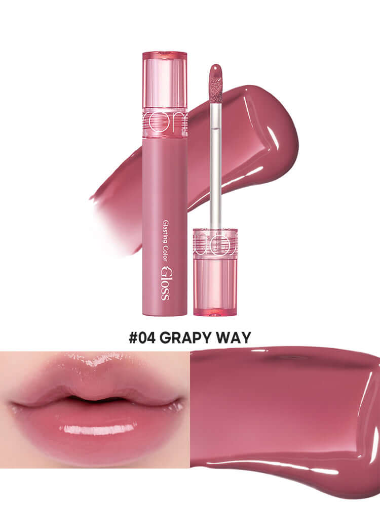 rom&nd Glasting Color Gloss 4g in shade #04 Grapy Way with a glossy finish applied on lips.