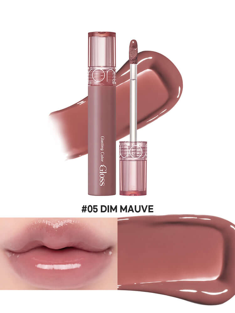 rom&nd Glasting Color Gloss 4g in shade #05 Dim Mauve with applicator and swatch on lips.