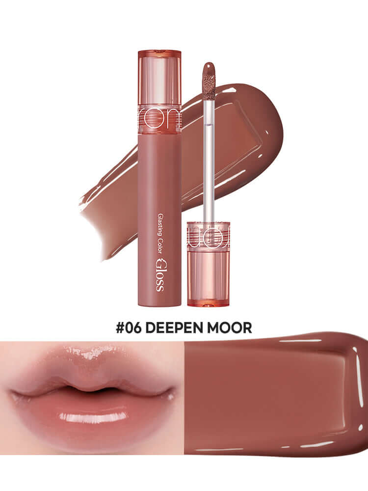 rom&nd Glasting Color Gloss 4g in shade #06 Deepen Moor with glossy lip swatch and applicator.