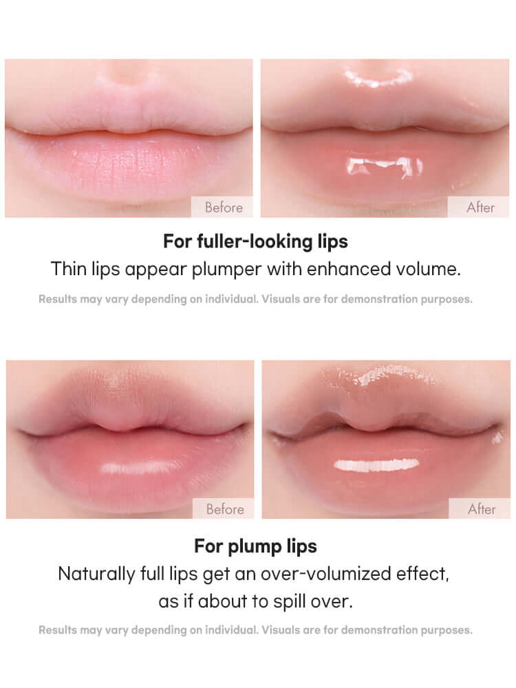 Before and after images showcasing the effects of rom&nd Glasting Color Gloss 4g on fuller, plumper lips.