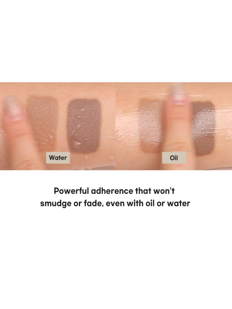 Swatches of rom&nd Han All Brow Cara comparing water and oil resistance, showcasing powerful adherence. Korean Cosmetics New Zealand.