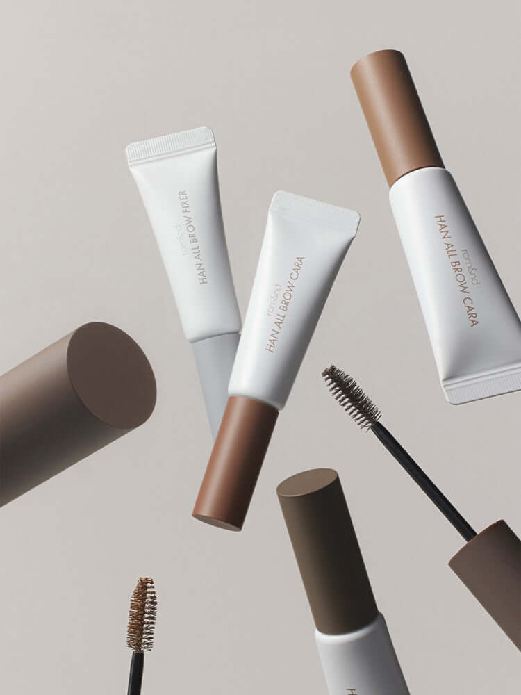 rom&nd Han All Brow Cara products arranged aesthetically, showcasing Korean Cosmetics New Zealand.