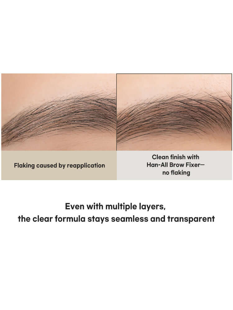 Comparison of brow results showing flaking with reapplication versus clean finish with Han All Brow Cara, Korean Cosmetics New Zealand.