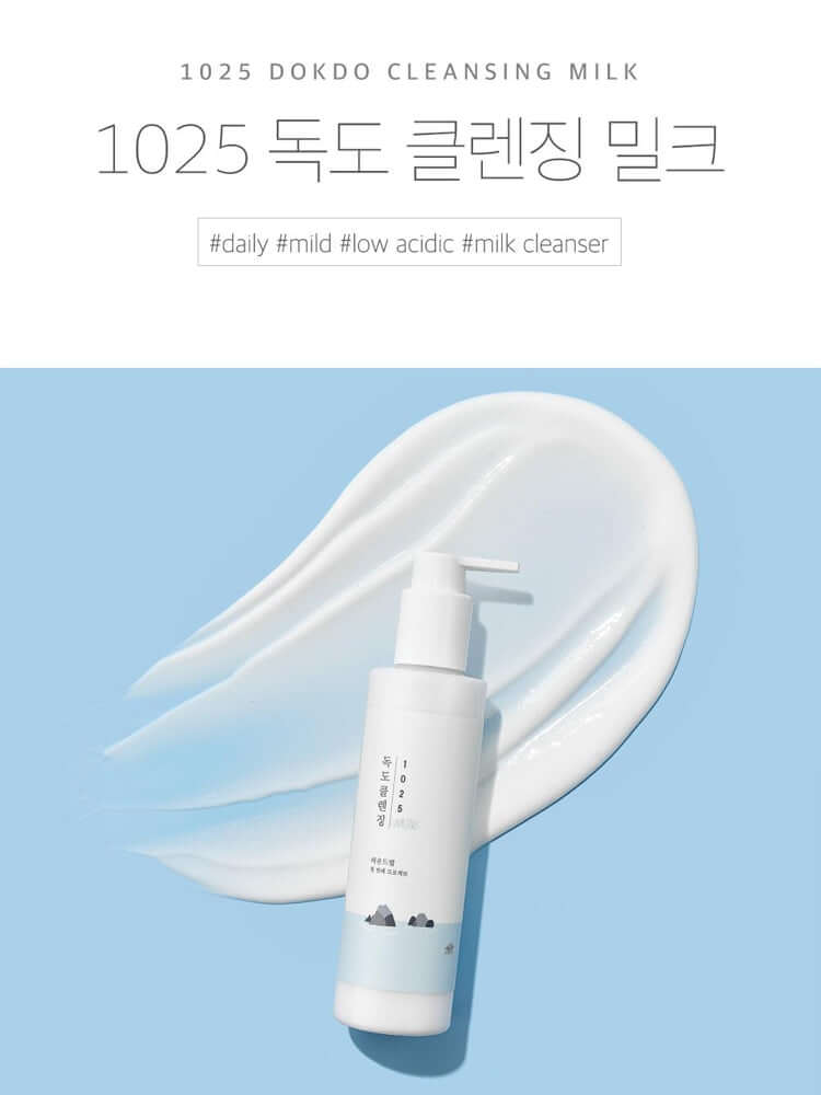 ROUND LAB 1025 Dokdo Cleansing Milk 200ml with creamy texture on blue background.