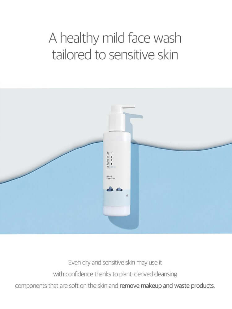 ROUND LAB 1025 Dokdo Cleansing Milk 200ml bottle on blue background for sensitive skin.