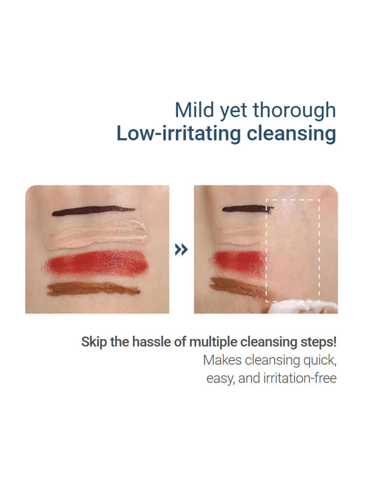 ROUND LAB 1025 Dokdo Cleansing Water 400ml demonstrating easy makeup removal on skin swatches.