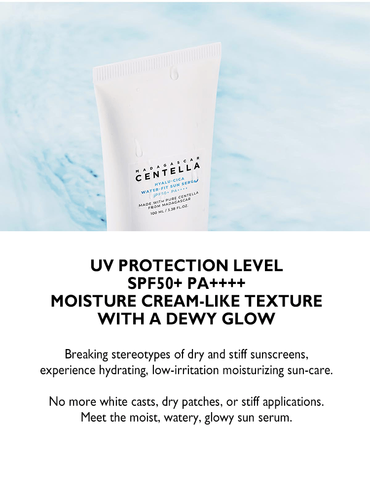 SKIN1004 Madagascar Centella Hyalu-Cica Water-Fit Sun Serum 100ml UV protection with a hydrating, dewy finish.