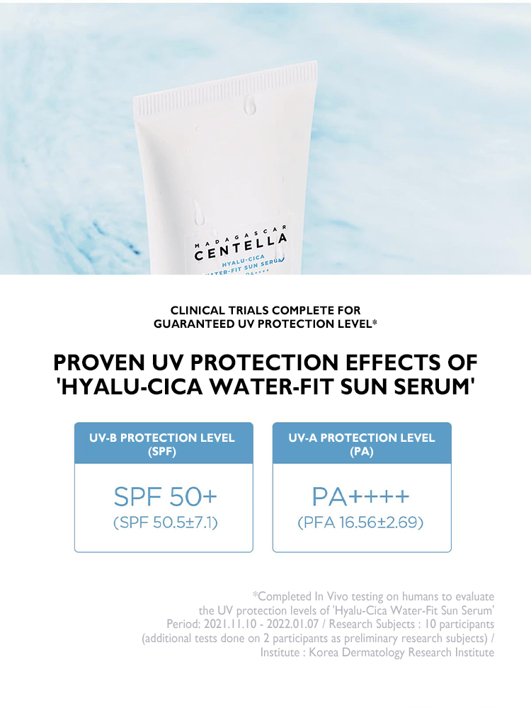 SKIN1004 Madagascar Centella Hyalu-Cica Water-Fit Sun Serum clinical UV protection level details