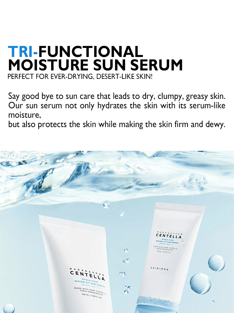 SKIN1004 Madagascar Centella Hyalu-Cica Water-Fit Sun Serum on display with water backdrop for hydration and sun care.