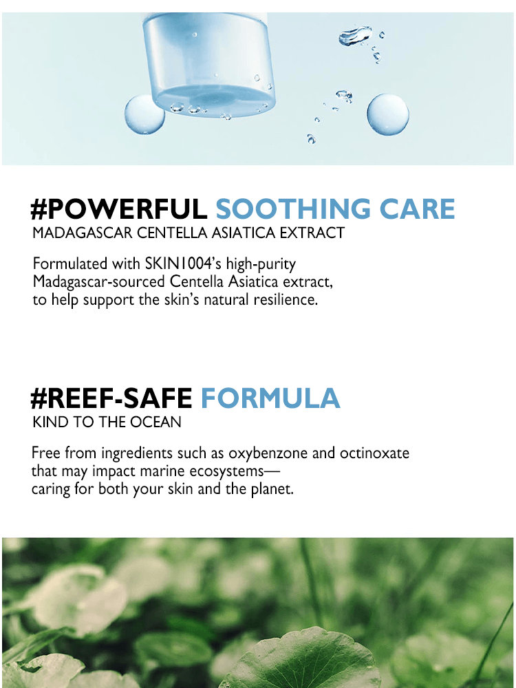 SKIN1004 Madagascar Centella Hyalu-Cica Water-Fit Sun Serum features soothing care with Centella Asiatica and a reef-safe formula.