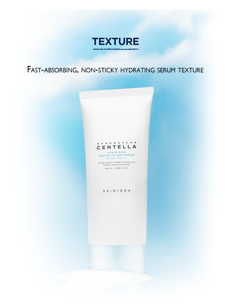 SKIN1004 Madagascar Centella Hyalu-Cica Water-Fit Sun Serum with fast-absorbing hydrating texture.