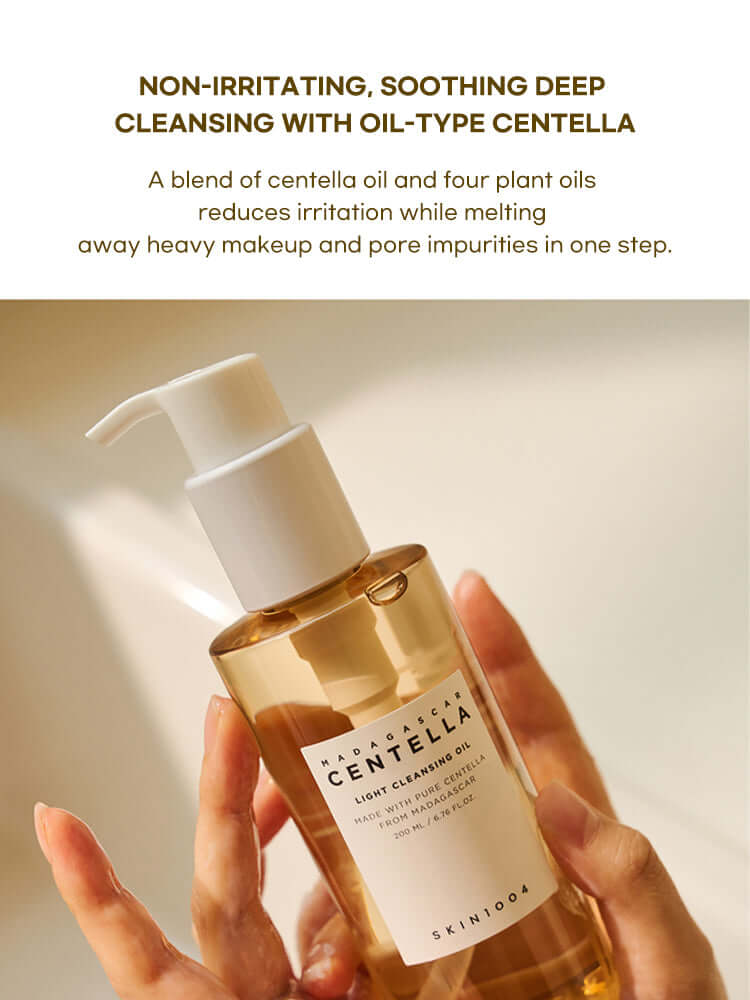SKIN1004 Madagascar Centella Light Cleansing Oil 200ml in a hand, showcasing non-irritating soothing cleansing properties.