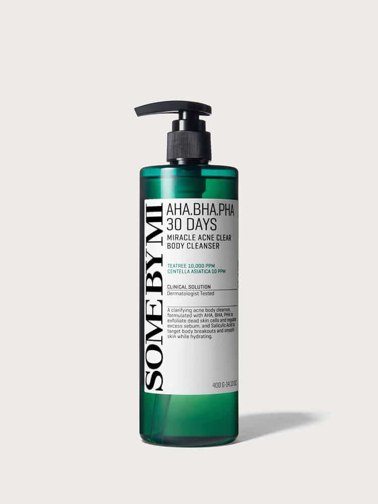 SOME BY MI AHA-BHA-PHA 30 Days Miracle Acne Clear Body Cleanser 400g in a green bottle with pump
