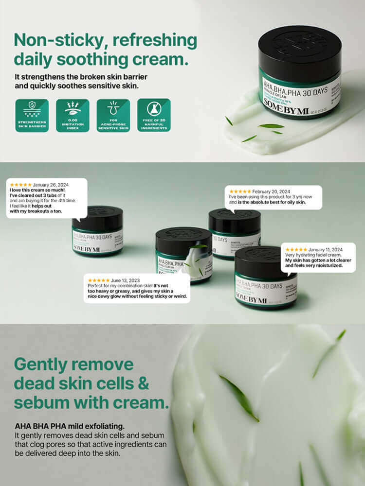 SOME BY MI AHA-BHA-PHA 30Days Miracle Cream 60g, non-sticky refreshing soothing cream for sensitive skin.