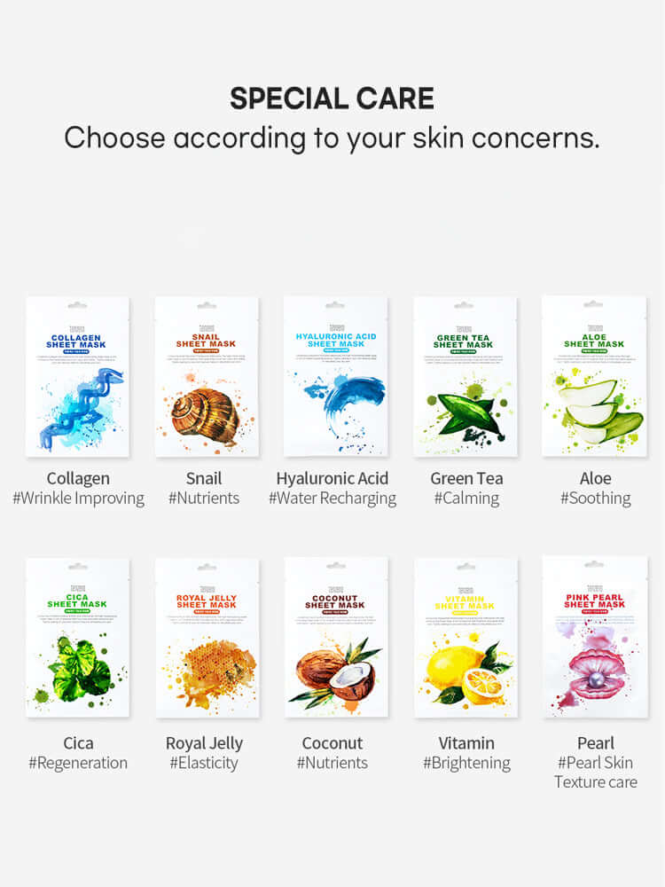 TENZERO Greentea Sheet Mask 25ml and other sheet masks for various skin concerns displayed on a shelf.