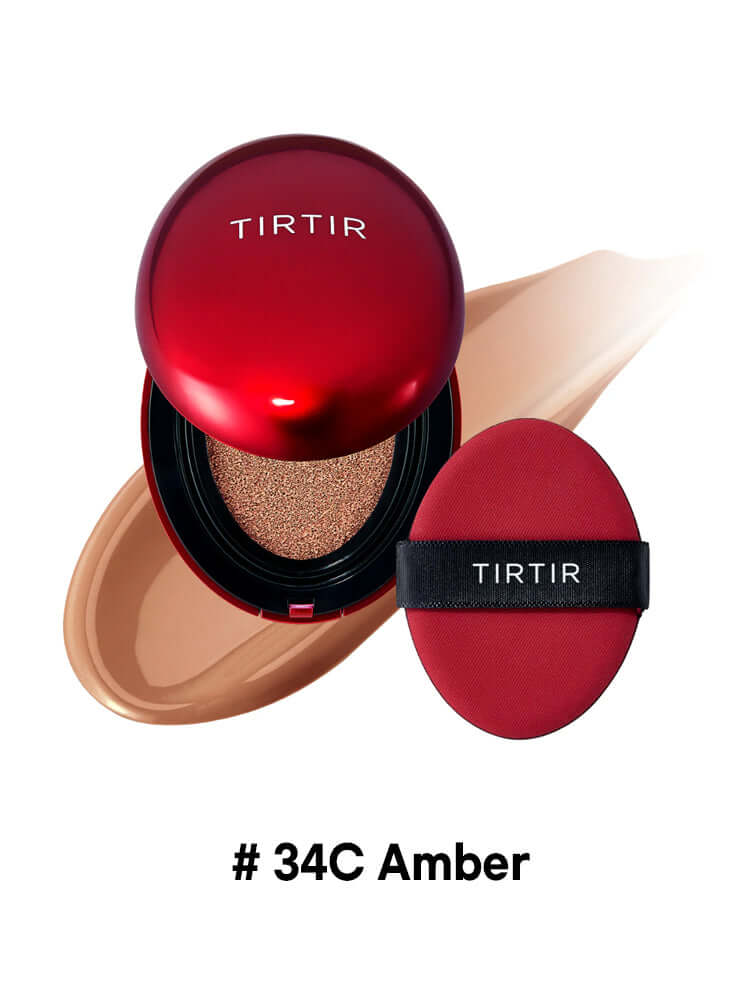 TIRTIR Mini Mask Fit Red Cushion 4.5g in # 34C Amber, compact with red casing and applicator puff.