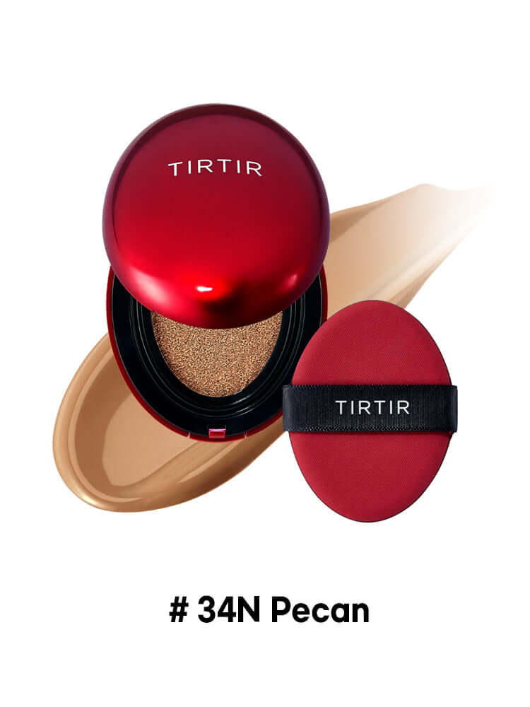 TIRTIR Mini Mask Fit Red Cushion 4.5g in #34N Pecan shade with compact and applicator. Lightweight, mask-proof coverage.