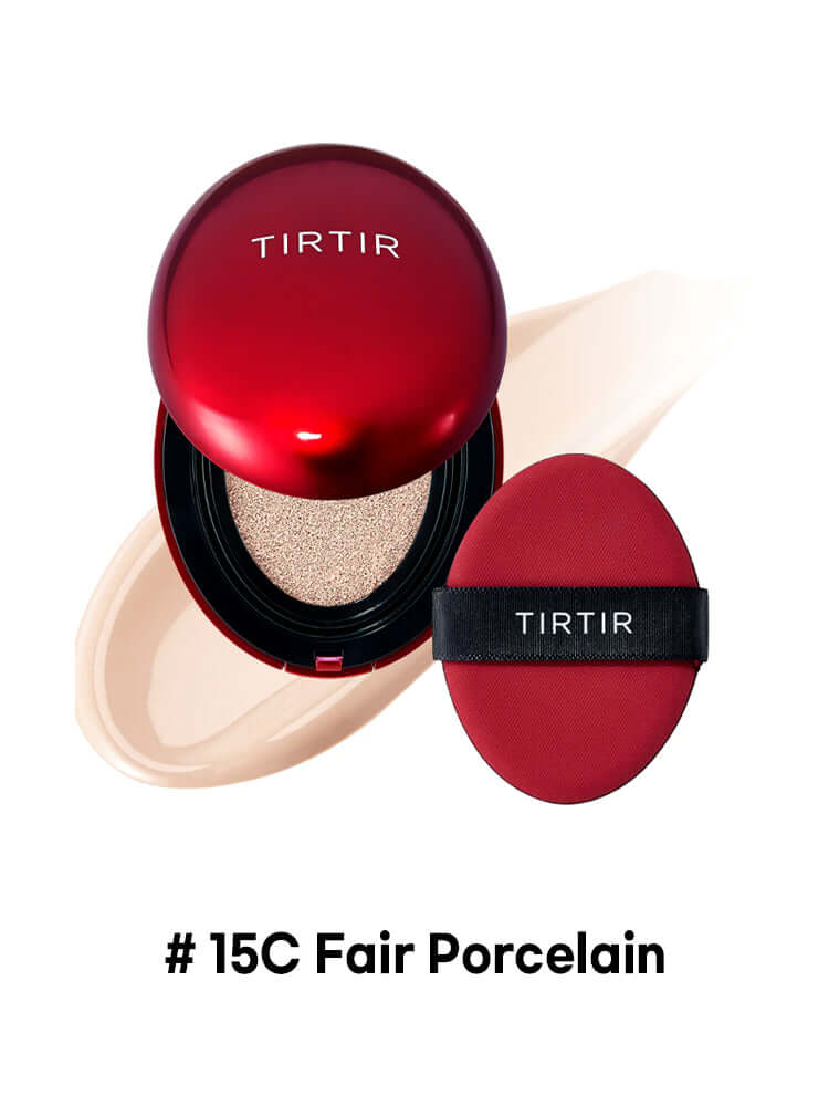 TIRTIR Mask Fit Red Cushion Mini 4.5g in #15C Fair Porcelain with a red compact and cushion applicator.