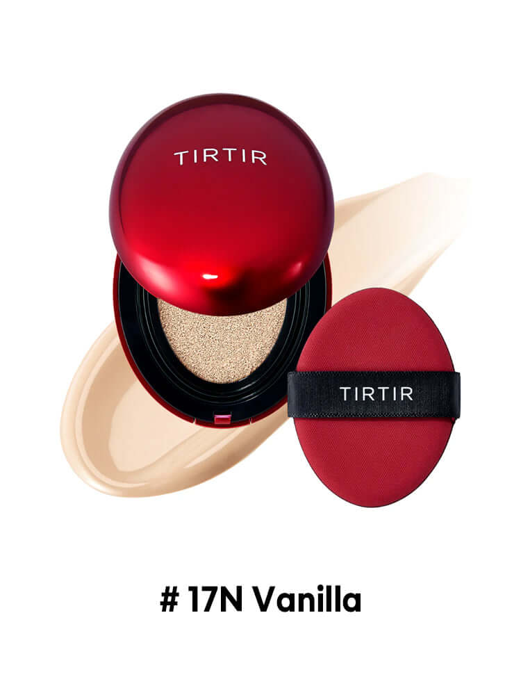 TIRTIR Mask Fit Red Cushion Mini 4.5g compact with cushion applicator and #17N Vanilla shade swatch