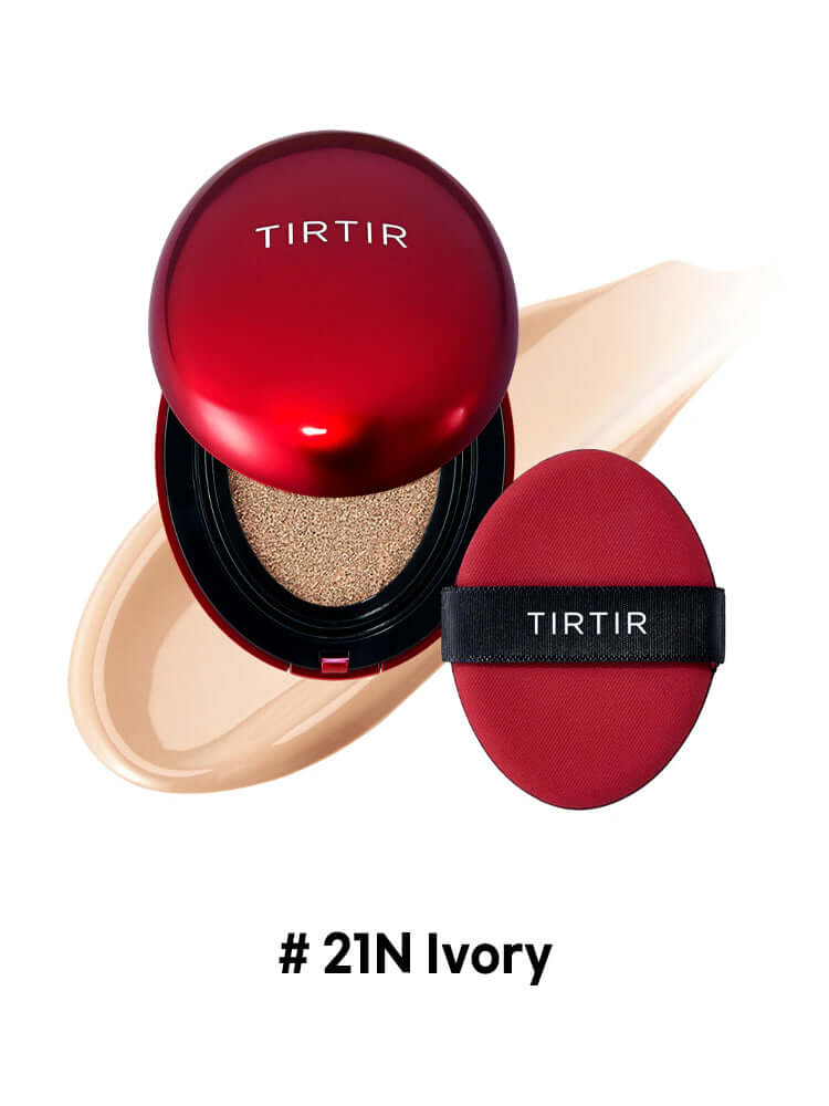 TIRTIR Mask Fit Red Cushion Mini 4.5g in packaging with sponge and swatch of shade #21N Ivory.