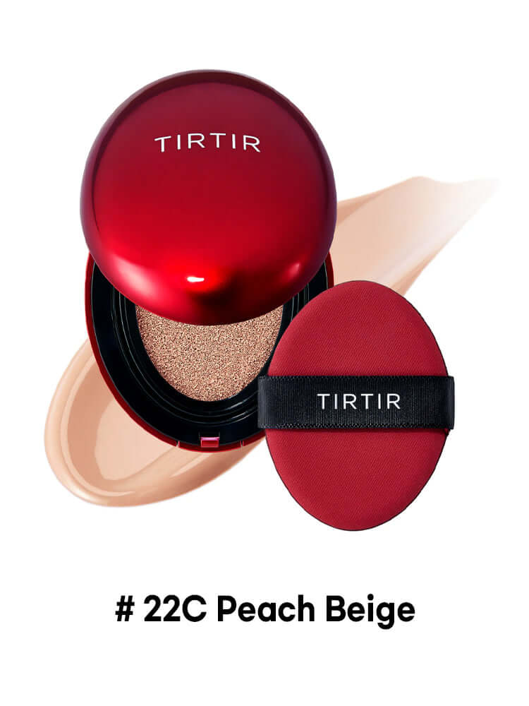 TIRTIR Mask Fit Red Cushion Mini 4.5g in #22C Peach Beige with applicator for flawless coverage.