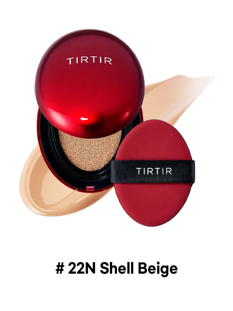 TIRTIR Mask Fit Red Cushion Mini 4.5g with applicator and creamy foundation swatch in #22N Shell Beige.