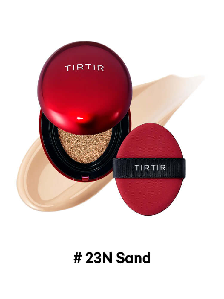 TIRTIR Mask Fit Red Cushion Mini 4.5g in shade # 23N Sand with applicator and cream swatch.