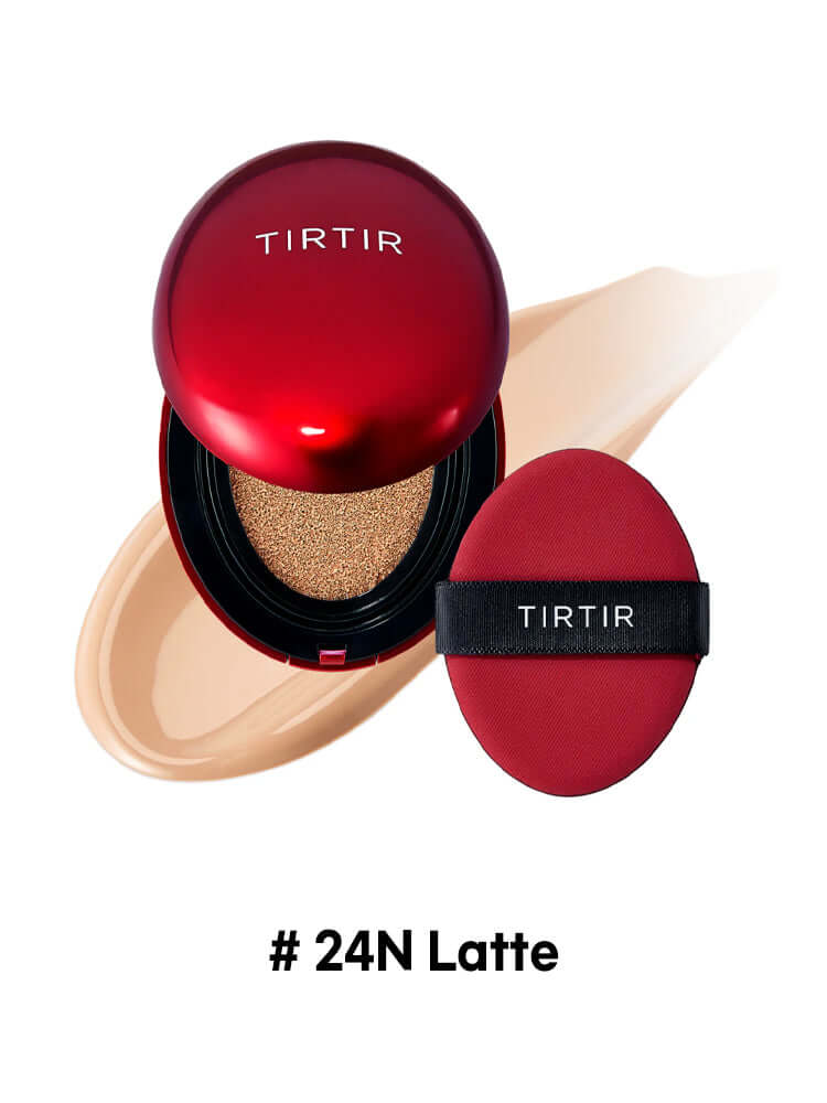 TIRTIR Mask Fit Red Cushion Mini 4.5g compact with a sponge and foundation swatch in #24N Latte.