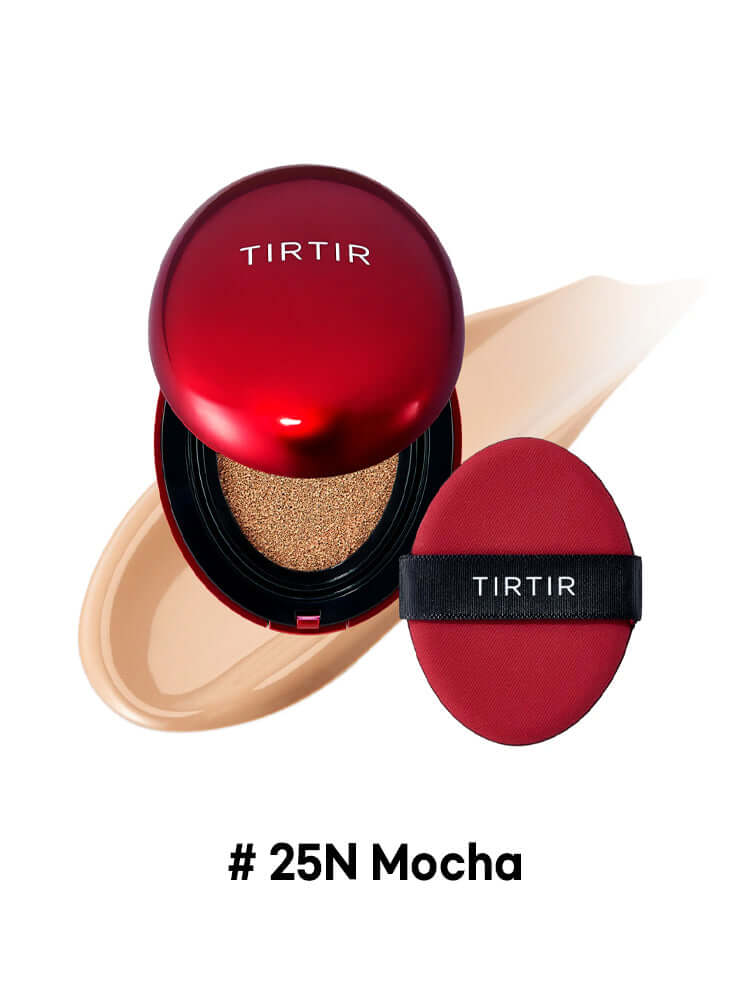 TIRTIR Mask Fit Red Cushion Mini 4.5g in shade #25N Mocha with a smooth foundation swatch