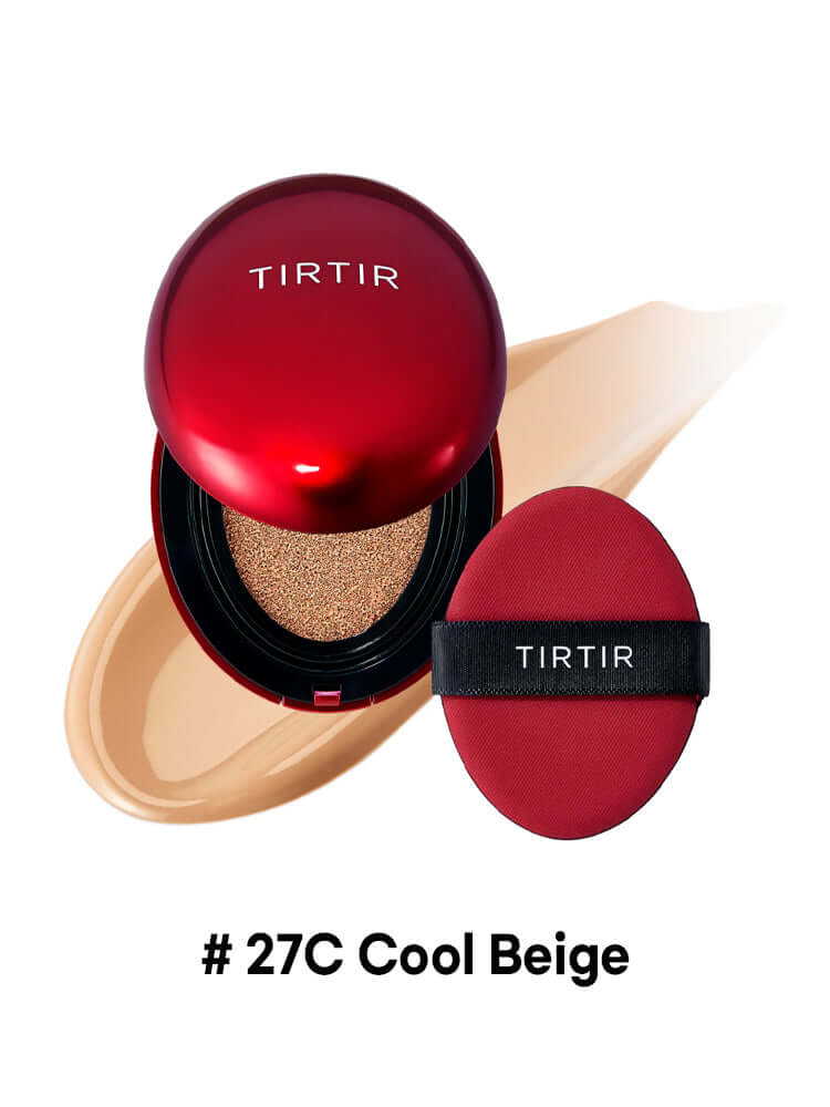 TIRTIR Mask Fit Red Cushion Mini 4.5g with #27C Cool Beige shade and applicator, showcasing the product's sleek design.