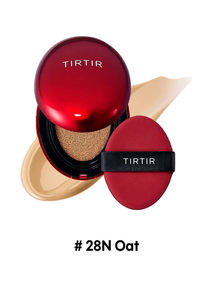 TIRTIR Mask Fit Red Cushion Mini 4.5g in shade 28N Oat with applicator sponge and creamy foundation swatch.