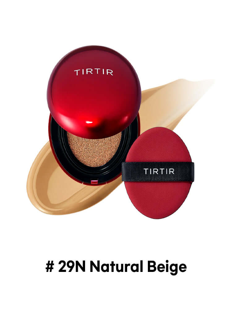 TIRTIR Mask Fit Red Cushion Mini 4.5g in Natural Beige with applicator and cream swirl background