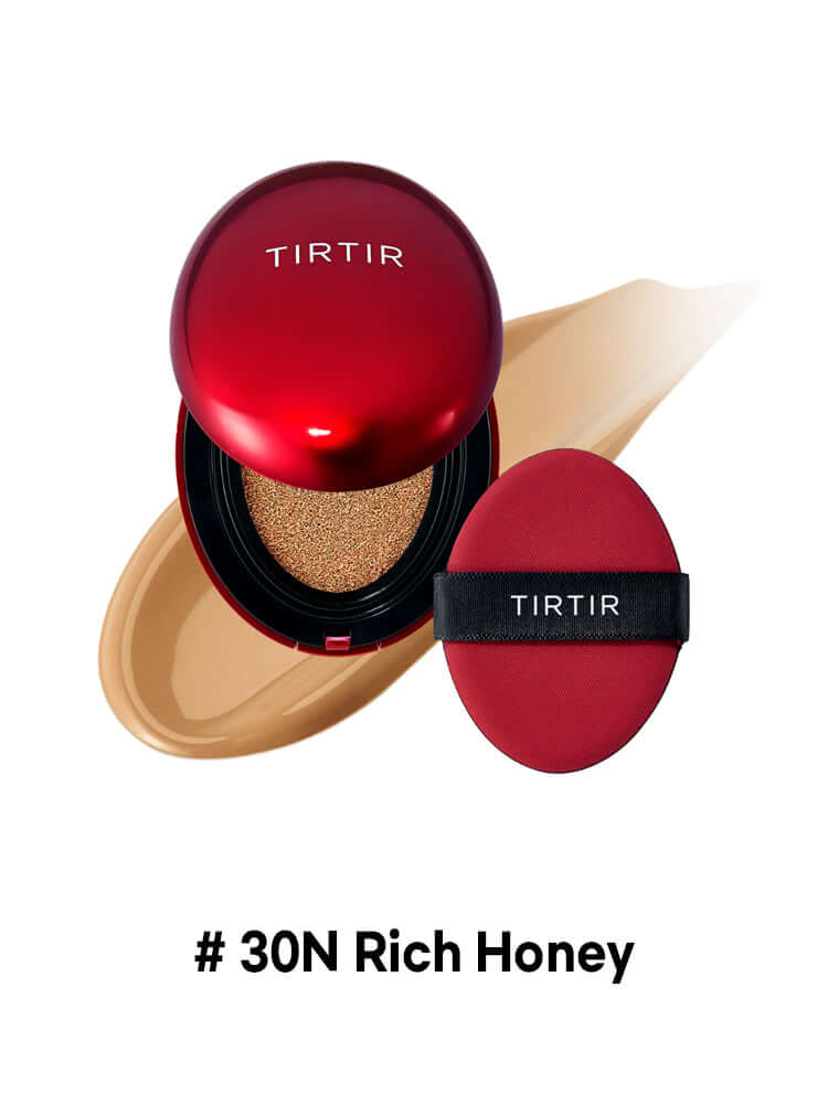 TIRTIR Mask Fit Red Cushion Mini 4.5g in shade 30N Rich Honey, compact casing with applicator and foundation swatch.