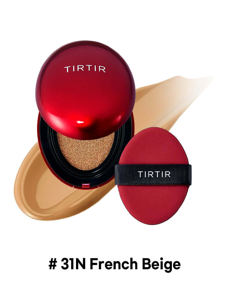 TIRTIR Mask Fit Red Cushion Mini 4.5g in shade #31N French Beige with applicator sponge and foundation swatch.