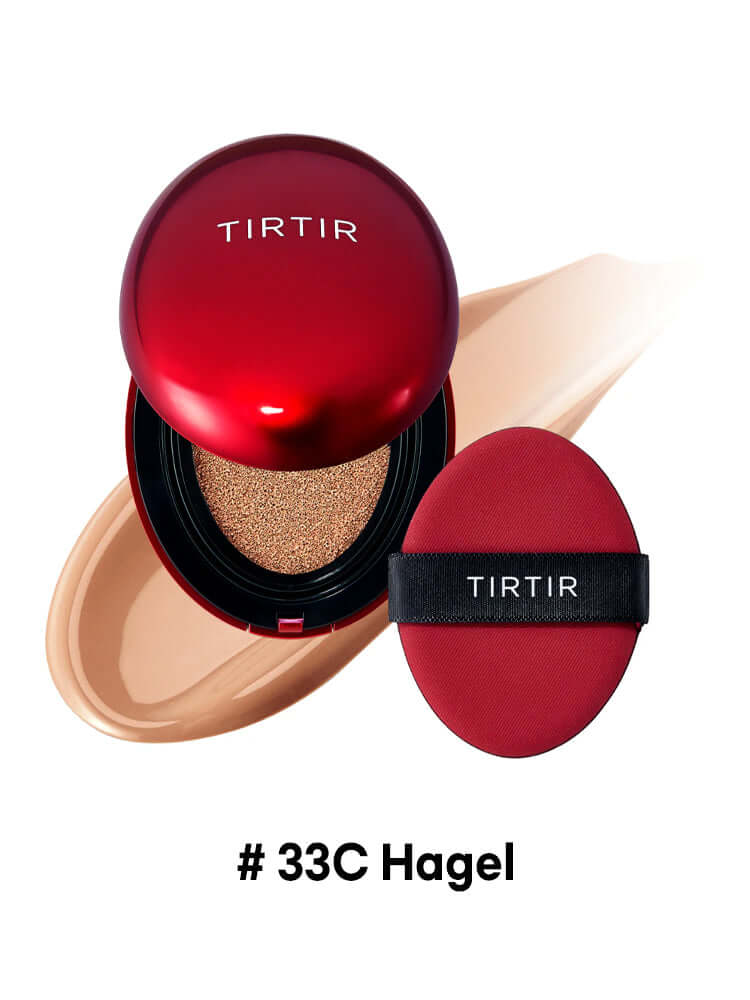 TIRTIR Mask Fit Red Cushion Mini 4.5g with compact and sponge applicator, shade #33C Hagel, against a beige background.