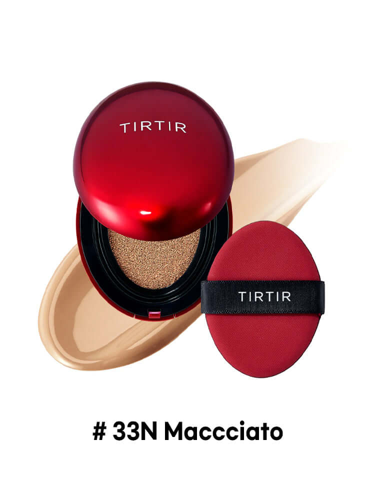 TIRTIR Mask Fit Red Cushion Mini 4.5g in shade #33N Macchiato with applicator and cream swatch.
