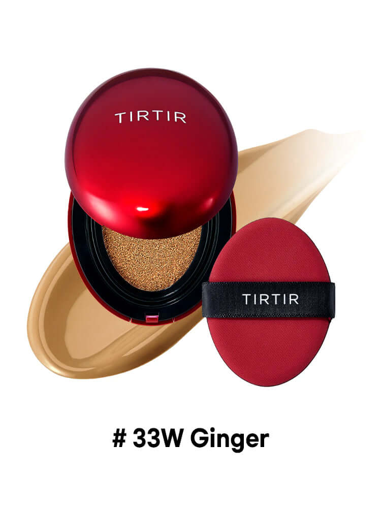 TIRTIR Mini Mask Fit Red Cushion 4.5g with applicator, showcasing #33W Ginger shade and lightweight coverage.