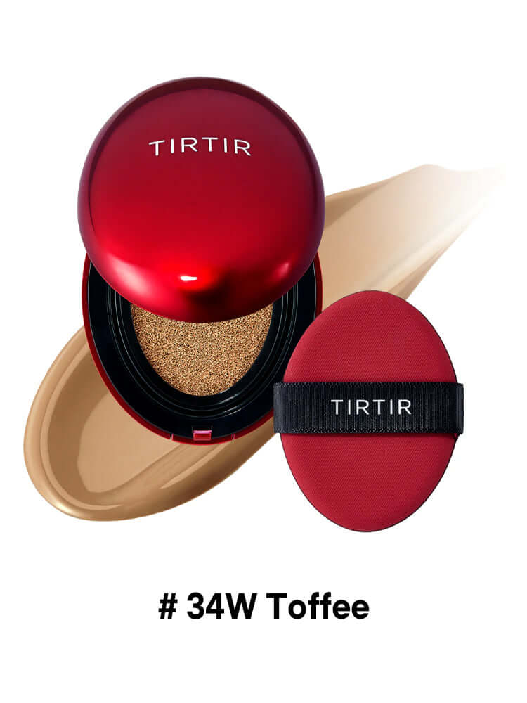 TIRTIR Mini Mask Fit Red Cushion 4.5g in #34W Toffee with applicator and swatch background.