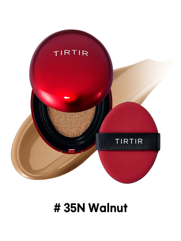 TIRTIR Mini Mask Fit Red Cushion 4.5g open case with sponge and foundation swatch in #35N Walnut