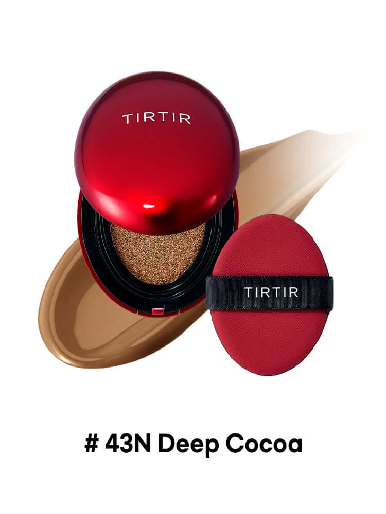 TIRTIR Mini Mask Fit Red Cushion 4.5g with sponge in #43N Deep Cocoa shade and creamy foundation swatch