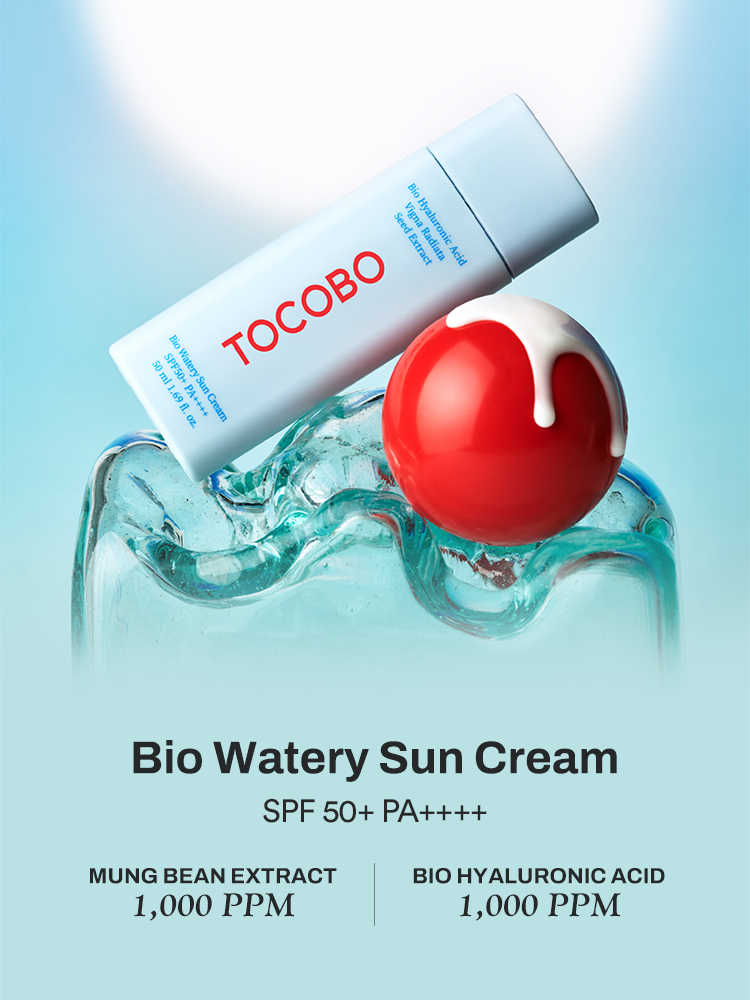TOCOBO Bio Watery Sun Cream bottle with red ball, SPF 50+ PA++++, highlighting hydration and UV protection.