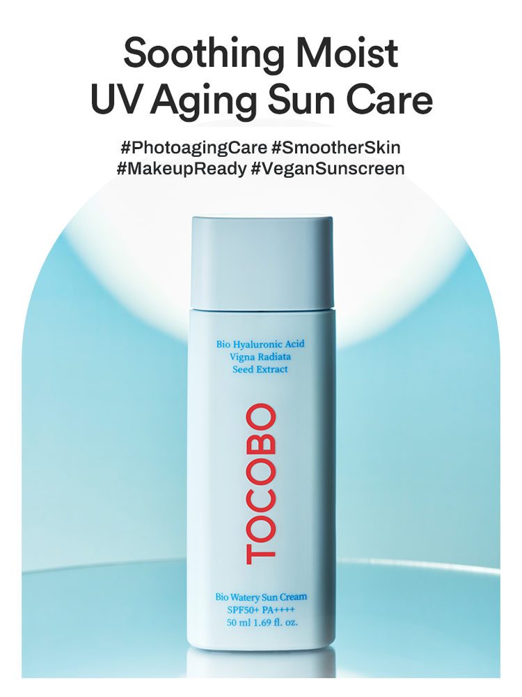 TOCOBO Bio Watery Sun Cream 50ml SPF50+/PA++++ packaging on display for UV protection and skincare.