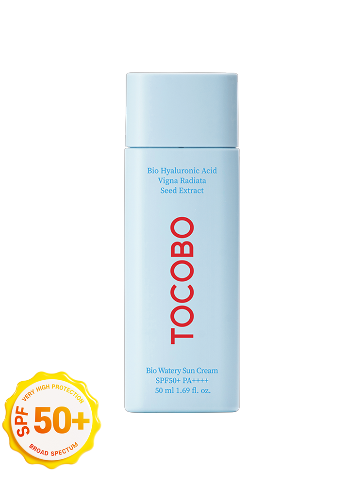 TOCOBO Bio Watery Sun Cream 50ml packaging for high UV protection and hydration with SPF50+/PA++++.
