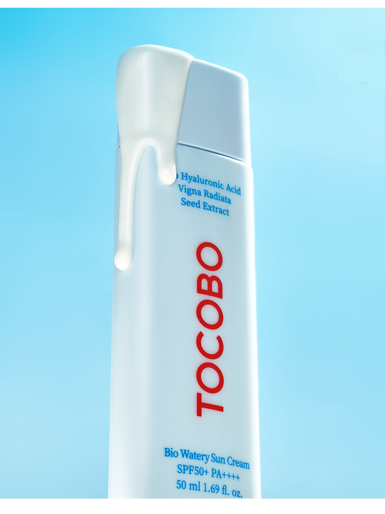 TOCOBO Bio Watery Sun Cream 50ml SPF50+/PA++++ with hyaluronic acid and Vigna radiata seed extract.